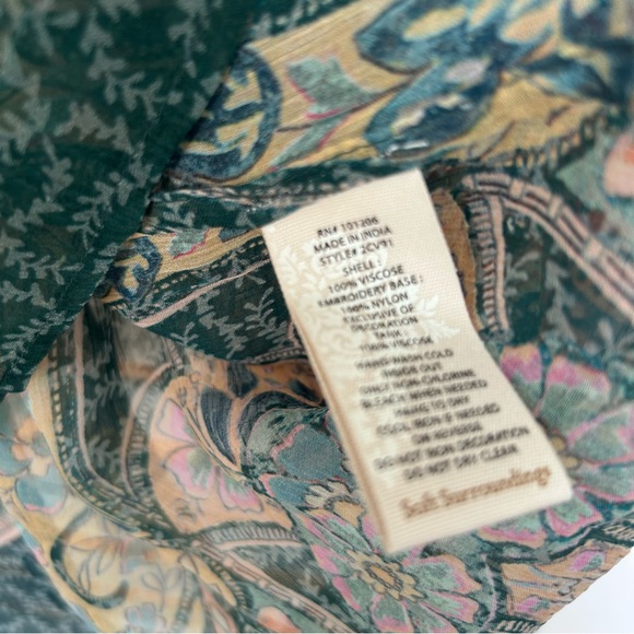 Soft Surroundings Boho Empire Waist Tassel Blouse Green Beaded Pink Flowey Med - Picture 9 of 9